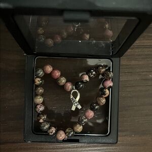 Hope Ribbon Beaded Bracelet - Pink and Brown Gemstone Beads